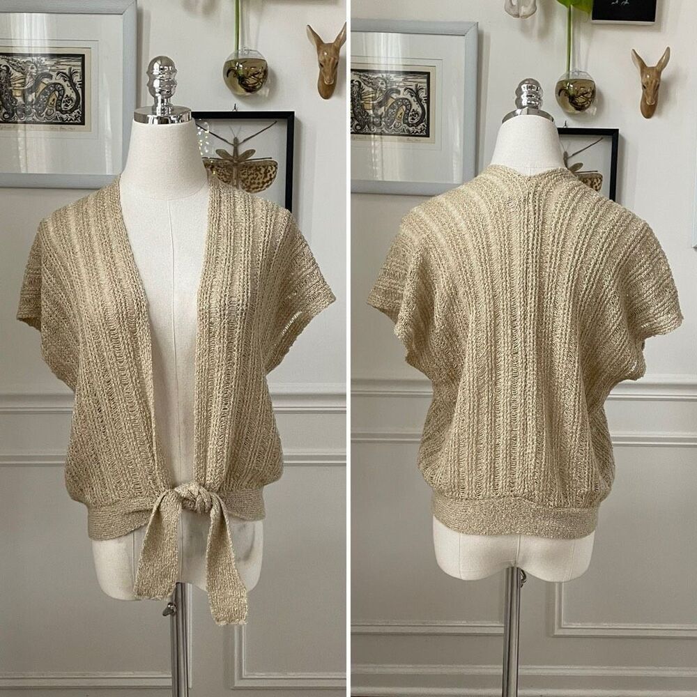 Vintage Glentex Tan Gold Shrug Sweater Tie Front Cardigan Open Weave OSFM S M